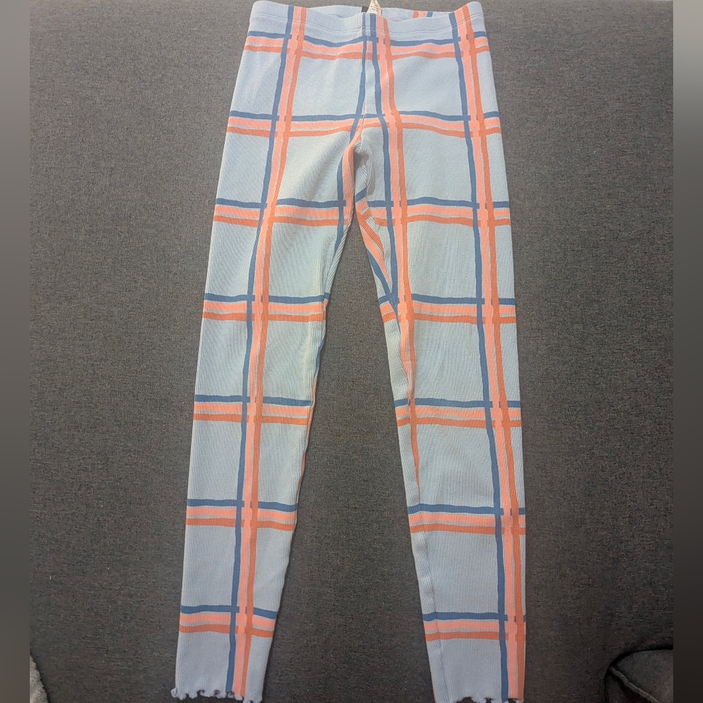 Tea Collection Blue and Orange Plaid Ribbed Leggings